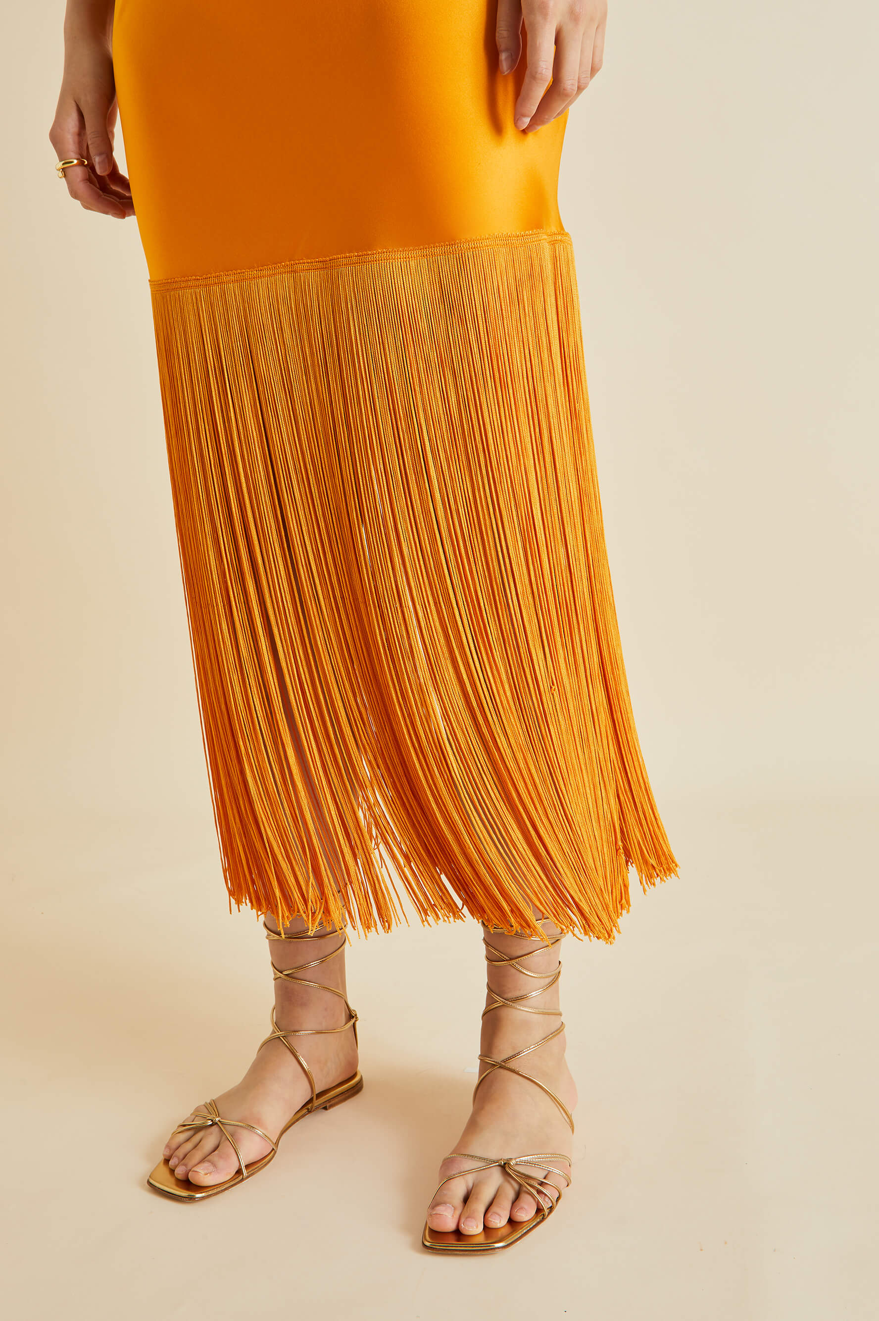 Zoya Orange Fringed Silk Satin Slip Dress